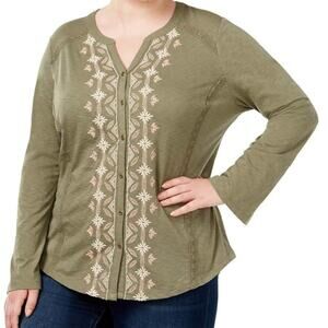 Style & Co 2X Long Sleeve Blouse Top Crochet Embroidered Floral Olive Green Boho